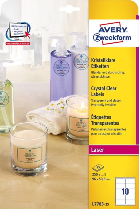 Etykiety Crystal Clear L7783-25 96 x 50,8 25 ark przezroczyste Avery Zweckform