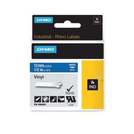Taśma winylowa RHINO 12 mm biała na niebieskim 1805243 DYMO