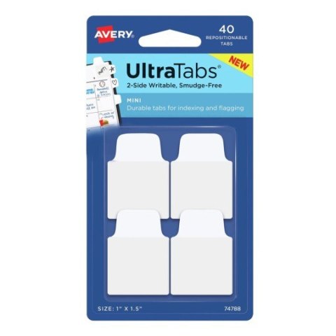 Ultra Tabs - samoprzylepne zakładki indeksujące, białe, 25,4x38, 40 szt., Avery Zweckform 74788 SALE