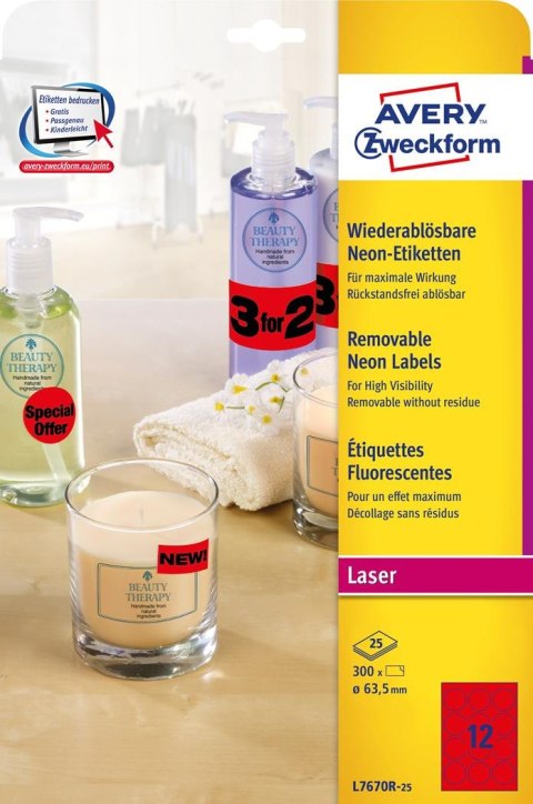 Etykiety czerwone neonowe L7670R-25 Q63,5 25 ark Usuwalne, Avery Zweckform SALE