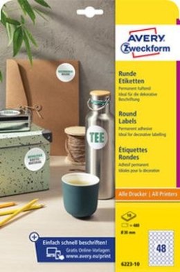 Etykiety o nietypowych kształtach, A4, 10 ark./op., Q30 mm, okrągłe, usuwalne, AVERY ZWECKFORM, 6223REV-10