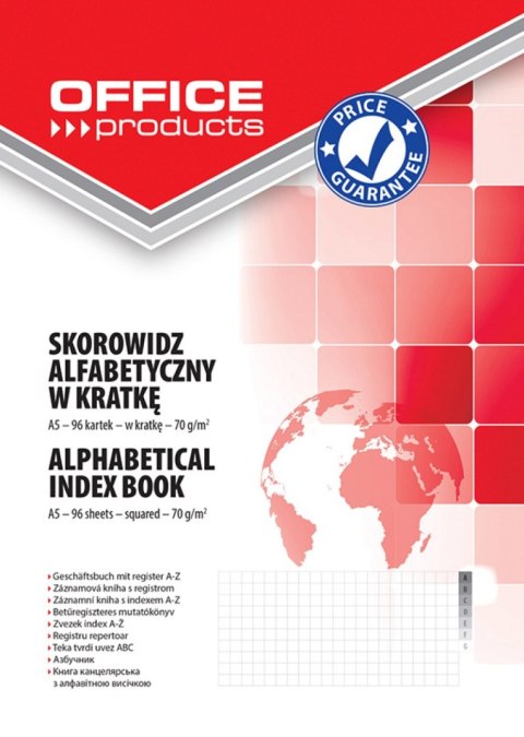 Skorowidz , A5, w kratkę, alfabetyczny, twarda okładka, 96 kart., 70gsm, typu OFFICE PRODUCTS 16061231-99