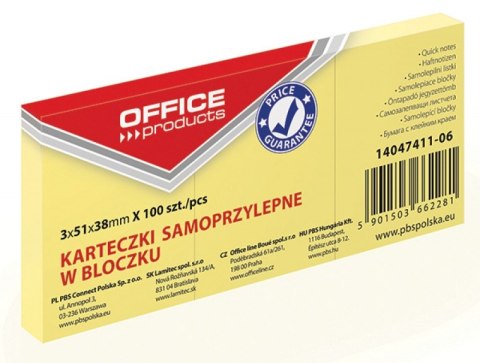 Bloczek samoprzylepny , 38x51mm, 1x100 kart., pastel, jasnożółty, typu OFFICE PRODUCTS 14047411-06