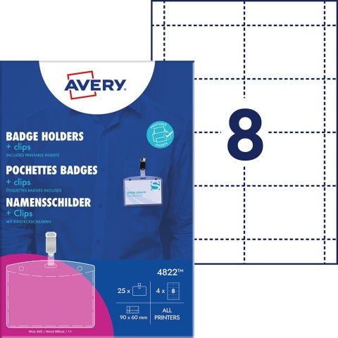 Holdery na identyfikatory z klipsem, zestaw identyfikatorów 60 x 90 mm, 25 szt. etui na identyfikatory + 4 ark. / 32 wkłady do z