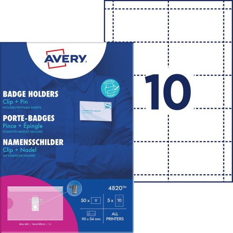 Holdery na identyfikatory z klipsem i agrafką; zestaw identyfikatorów 54 x 90 mm, 50 szt. etui na identyfikatory + 50 wkładów do