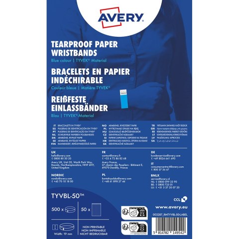 Opaski na rękę TYVEK _, 256 x 19 mm, niebieskie neonowe identyfikatory, Avery TYVBL-50