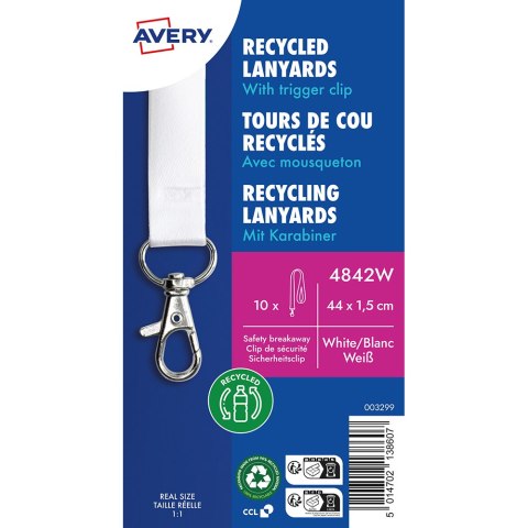 Smycz na identyfikator z recyklingowanego PET, 10 szt.; 15 x 440 mm; białe smycze, Avery 4842W