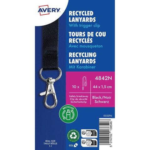 Smycz na identyfikator z recyklingowanego PET, 10 szt.; 15 x 440 mm; czarne smycze, Avery 4842N