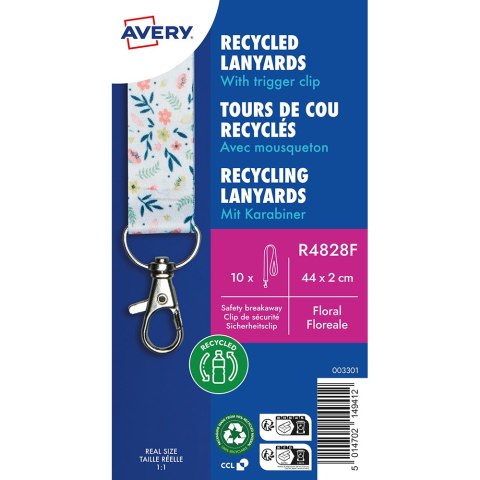 Smycz na identyfikator z recyklingowanego PET, 10 szt.; 20 x 440 mm; smycze we wzór kwiatowy, Avery R4828F