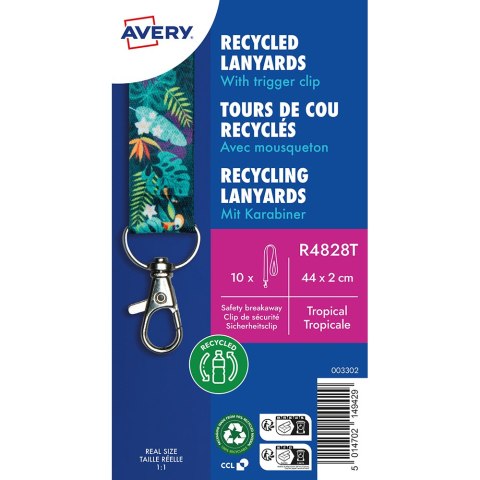 Smycz na identyfikator z recyklingowanego PET, 10 szt.; 20 x 440 mm; smycze we wzór tropikalny, Avery R4828T