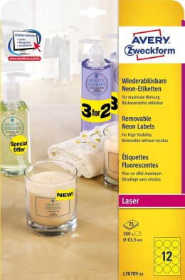 Etykiety papierowe śr. 63,5 mm, żółte neonowe kolory, etykiety okrągłe z usuwalnym klejem, etykiety do oznaczenia 25 ark. / op.,