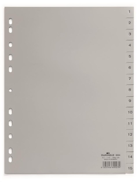 Przekładki PP A4 szare, nadrukowane indeksy, 1-15 Szary 652410 DURABLE